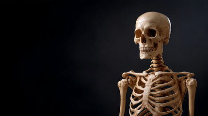 A human skeleton on a dark background symbolizing death, Halloween skeleton, spooky decor, death theme, eerie ambiance, horror aesthetic