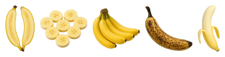 Banana set including whole bunch, ripe, overripe, peeled, halved, and sliced stages isolated. Healthy food and fruit collection.