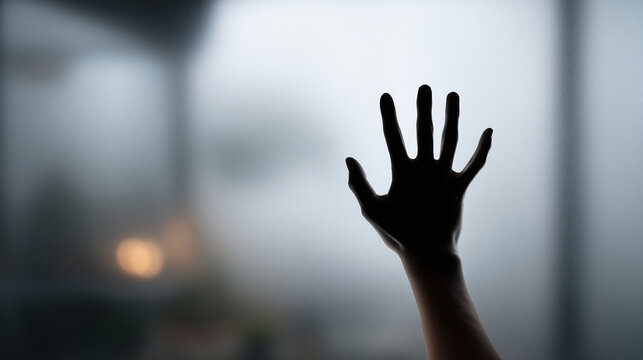A defocused hand silhouette behind frosted glass in black and white, halloween silhouette, spooky hand, eerie ambiance, horror concept, mystical scene - Powered by Adobe