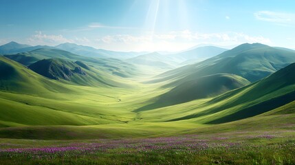 Lush green valleys wind through rolling hills under a vibrant sky, illuminated by sunlight.