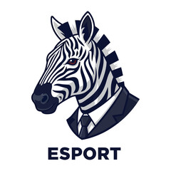 Esport Zebra: a sophisticated image featuring a zebra adorned in formal attire, embodies a fusion of competitive gaming with animal elegance. the word 'esport' is prominently displayed below. 