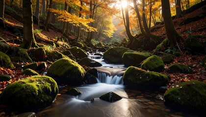 Fototapeta premium Autumn stream with forest sunlight.