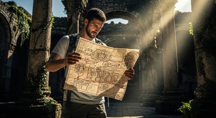 Man in postapocalyptic ruins reading map, exploring abandoned city for survival, finding direction in a world reclaimed by nature.