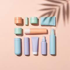 Pastel Skincare Collection Minimalist Beauty Essentials on Peach Background