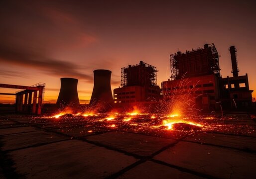 Sparks fly from molten slag at a post-apocalyptic industrial wasteland under a dark sky at sunset, a nuclear concept.