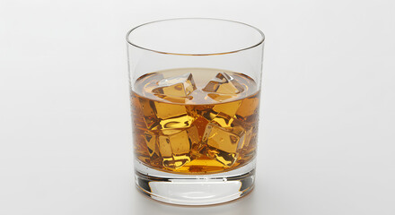 Classic whisky tumbler glass filled with golden whisky and ice cubes, front view, white background, realistic mockup