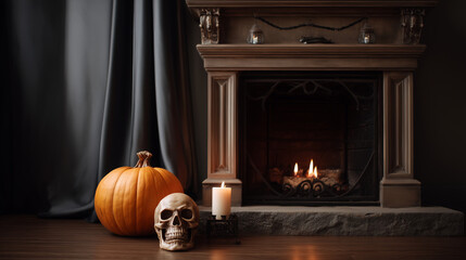 A Halloween background with a scary pumpkin and skull by a gothic fireplace, Halloween decor, spooky skull, eerie pumpkin, witchery vibe, horror aesthetic