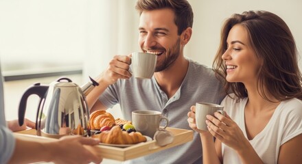 Young caucasian adults enjoying breakfast with coffee and pastries at home