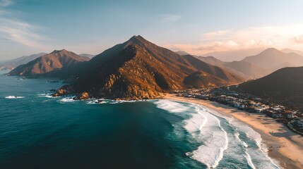 A breathtaking coastal vista showcases dramatic mountains meeting a serene beach.