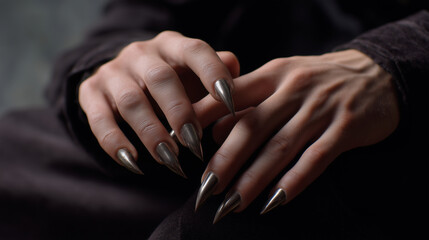 Creepy male vampire hands with sharp nails in a dark setting, vampire hands, Halloween horror, spooky claws, eerie ambiance, creepy nails