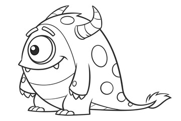 black and white cartoon depicts a friendly, one-eyed monster with a round body, small horns, and a spotted pattern.