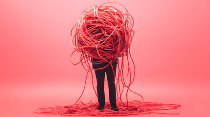 A person obscured by a large ball of tangled red string, symbolizing complexity, confusion, or overwhelming problems.