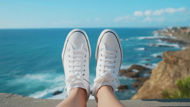 Relaxing seaside view with feet dangling over cliff edge in casual white sneakers