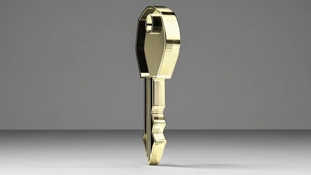 Gold colored house key on white background in three-dimensional render