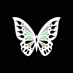 Abstract butterfly vector on blackwith wings wide open, suitable for travel posters and adventure graphics.