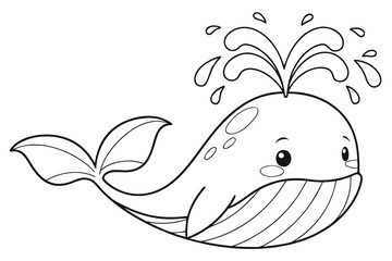  black and white line drawing of a cartoon whale. The whale is depicted mid-spout, with water droplets arcing from its blowhole. It has a friendly expression,