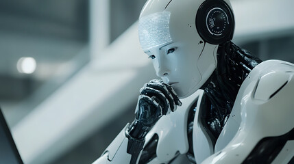 A humanoid robot in a thoughtful pose. Artificial intelligence concept.