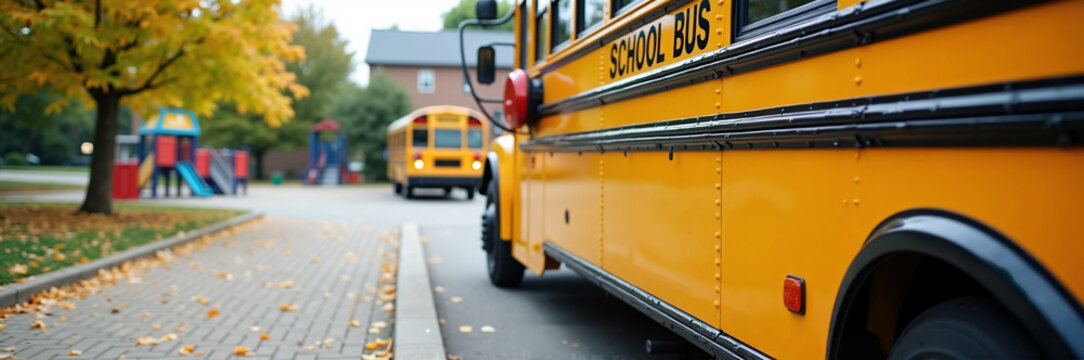 School bus parked on street near school building on autumn day. Yellow school bus is symbolic of start of a new academic year and safe transportation to and from school.