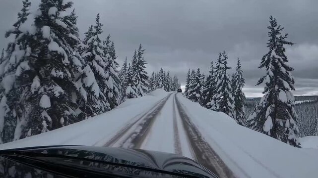 Stock video footage of car riding on snowy road in Lapland during winter