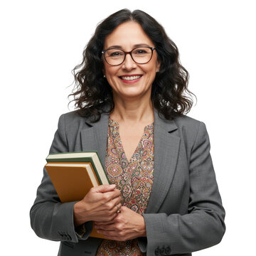 Smiling middle aged woman wearing glasses and a blazer holding a stack of books isolated on transparent background