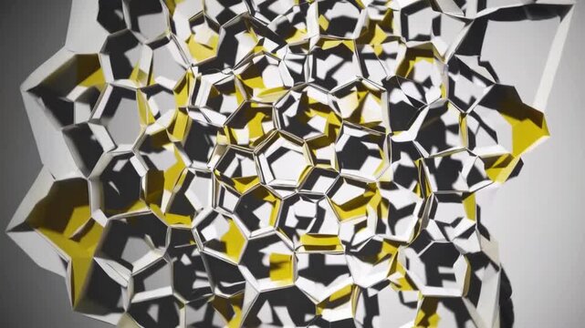 complex and detailed paper artistic creation featuring multi-layered geometric pattern with hexagonal forms and golden-yellow highlights on light background
