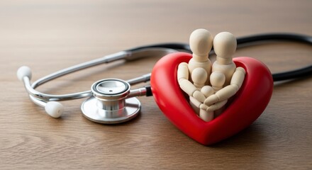 Wooden Family Mannequins Cradled in a Red Heart, Symbolizing Healthcare and Insurance.