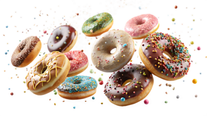 Assorted colorful donuts with sprinkles flying isolated on a transparent background