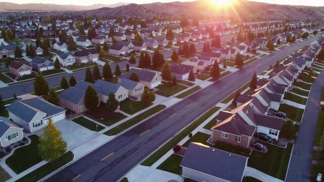 Vernal Dawn Above Housing District Following Pavement Crack Sealing, Aerial Perspective