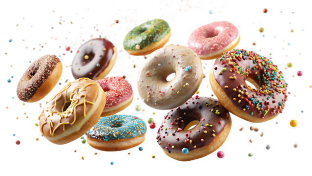 Assorted colorful donuts with sprinkles flying isolated on a transparent background