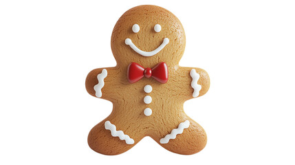 A gingerbread man with a bow tie is smiling
