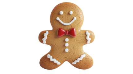 A gingerbread man with a bow tie is smiling