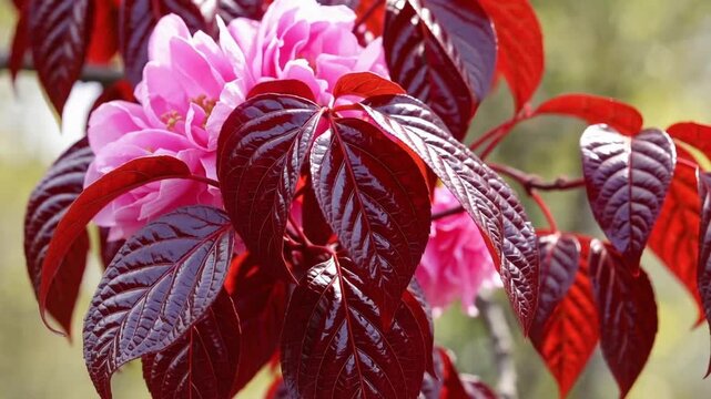 Vivid red heart-shaped leaves and pink blossoms