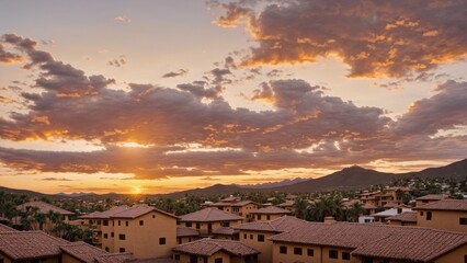 Obraz premium Sunset Over Mountain Village with Colorful Sky