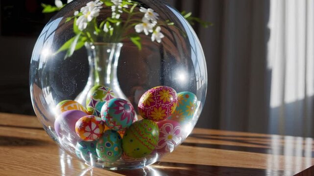 Easter eggs decorative glass ball beside flower vase bright sunlit room 3d rendering meeting gathering