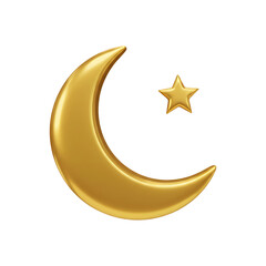3D Plastic Golden Crescent Moon and Star Icon for Islamic New Year Celebration Transparent Background