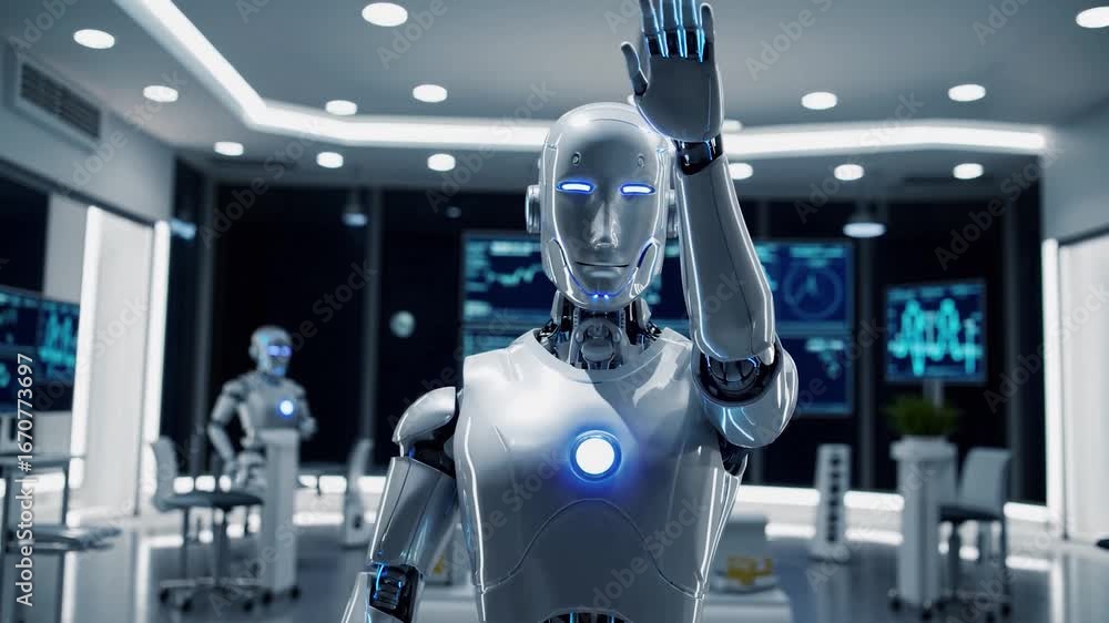 Poster Advanced humanoid robot performing various hand gestures and movements, showcasing its dexterity and communication capabilities in a high tech laboratory setting
