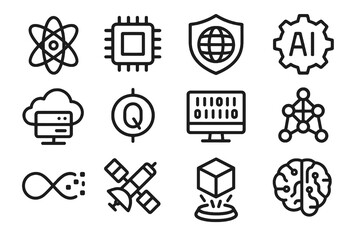 Collection of 12 black quantum computing and cyberspace icons in flat vector style with white background, ideal for tech platforms, apps, and research projects.