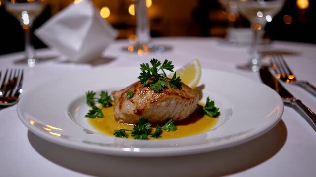 delectable plate of fresh sole prepared in the classic meuniere style accompanied by lemon garnish