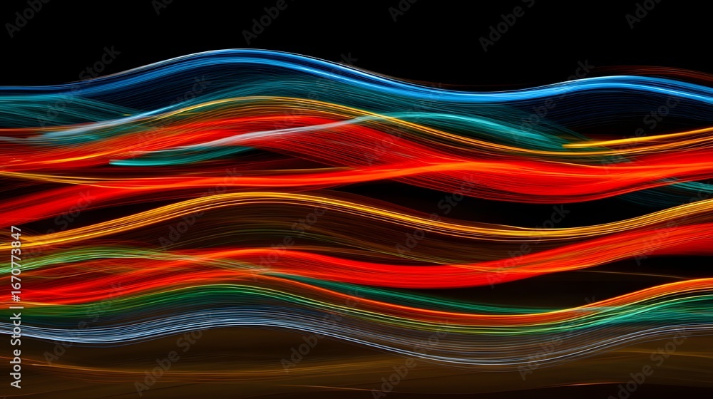 Poster multicolored, wavy lines create a dynamic visual effect against a black background.