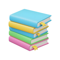 3D Plastic Icon of Colorful Book Stack with Bookmark Isolated on Transparent Background