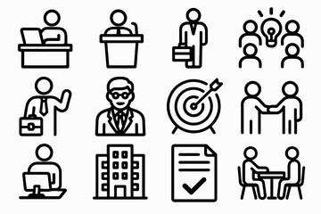 Set of 12 black office and HR icons in flat vector style with white background, perfect for recruitment apps, career tools, and corporate platforms.