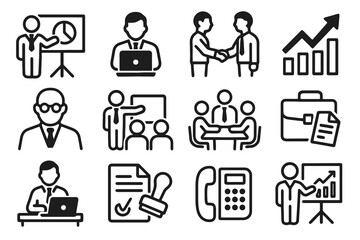 Set of 12 black business and office worker icons in flat vector style with white background, perfect for HR apps, workplace platforms, and career tools.
