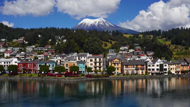 Settlement of Puerto Varas with volcanic mountain in the surroundings