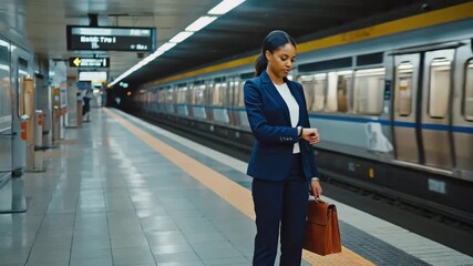 Businesswoman checking time waiting for subway train