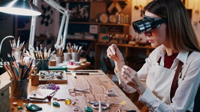 Female artisan specializing in precious metals and gems concentrating on her craft within studio workshop setting