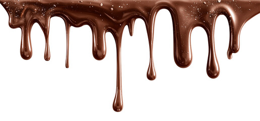 A chocolate drizzle is falling down a white background
