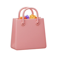 3D Plastic Shopping Bag Icon Filled with Vibrant Gift Boxes Isolated on Transparent Background