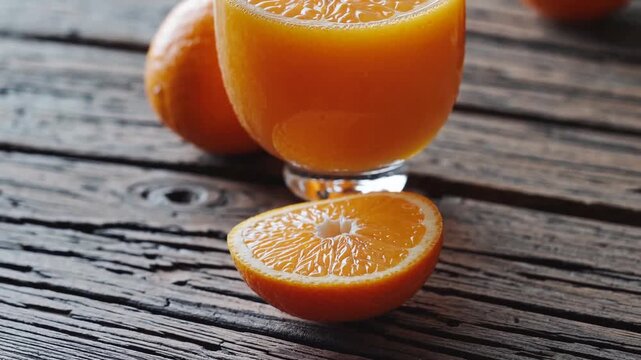 Oranges and Freshly Squeezed Juice on Rustic Wooden Background
