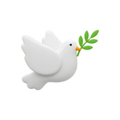 3D Plastic White Dove with Olive Branch Icon for International Peace Day Transparent Background