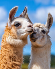 Obraz premium Two llamas interacting outdoors on a sunny day